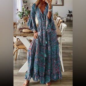 Bohemian Long Paisley Maxi Dress in Blue